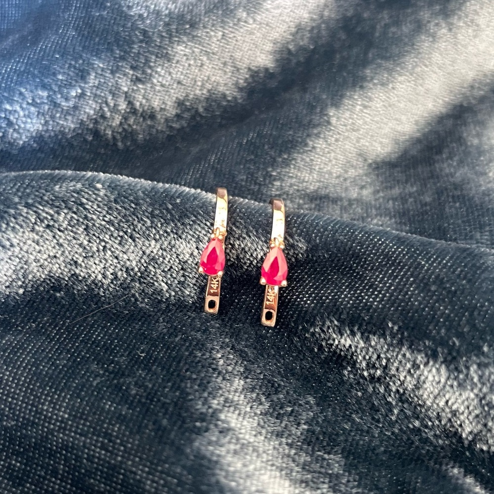 14k Solid Gold Ruby Huggie Earrings - image 1